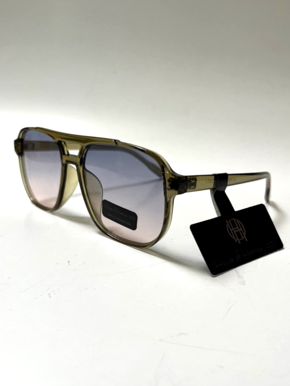 House of Harlow 1960 Aviator Sunglasses Double Bridge NWT Clear Olive Green Ligh